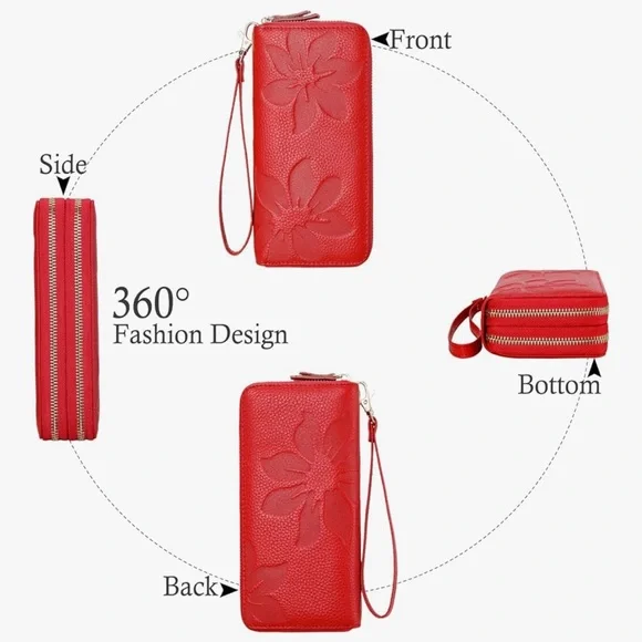 Vibrant Red Floral Embossed Leather Clutch with Wrist Strap RFID - Picture 3 of 11